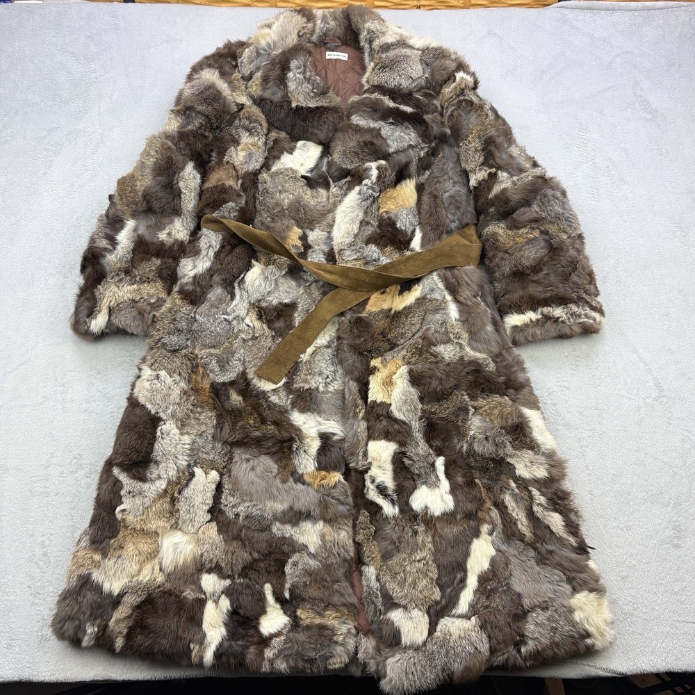 Rabbit Fur Coat Womens XL Brown Vintage Patchwork Suede Belted Multi Color 100%